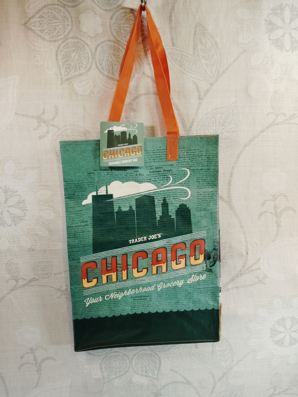 #2 Trader Joe's Chicago Blue Vintage-Print Shoulder Tote with Orange Handles